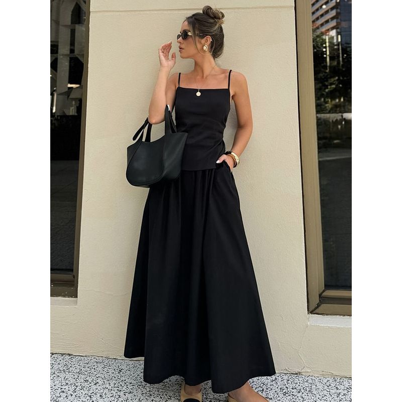 Fashion Women's Suit Sling Tops Open Back Casual Black Loose Long Dress 2025 Summer