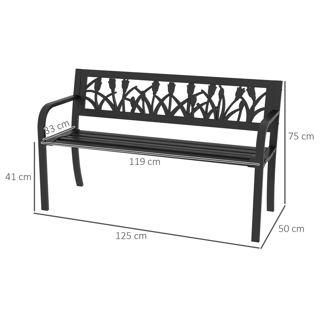 2-Seater Garden Bench in Steel with Decorated Backrest and Armrests, 125x50x75cm, Black