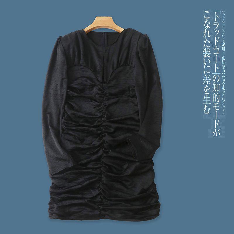 

Ruched Autumn New Fashion Slim round Neck Dress Black B- 14-9-5 L
