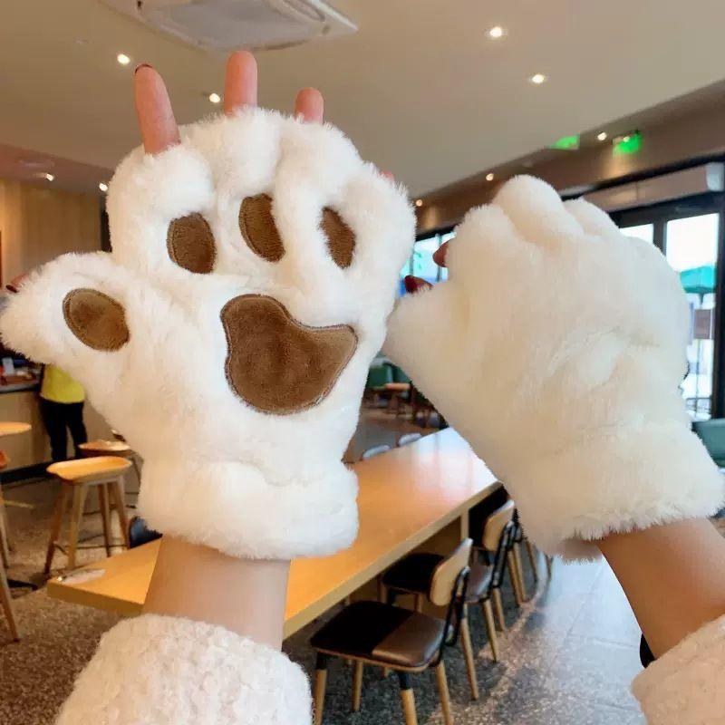 

New cute cartoon cat claw half-finger gloves for girls to keep warm in winter, velvet to keep warm and cold-proof, and students to show average size