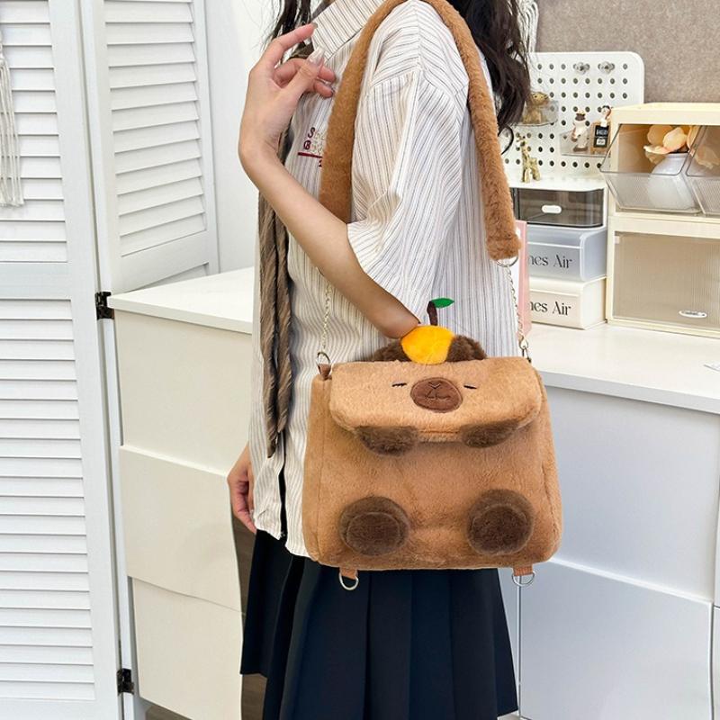 Cute Orange Capybara Plush Backpack Kawaii Large Capacity Capibara Crossbody Bag Lovely Fluffy Student Women Bag Birthday Gift