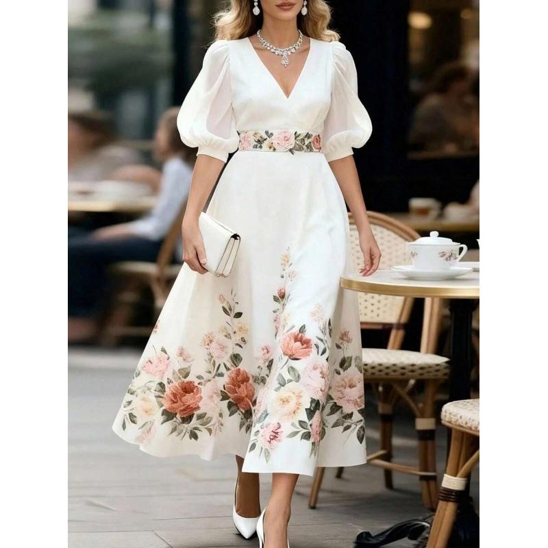European summer fashionable casual elegant floral long V-neck flared sleeve dress for women S белый
