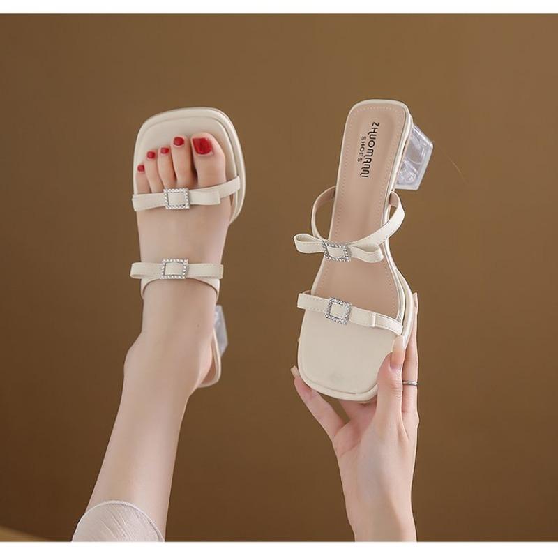 High Heels Women's Outer Wear  Summer New Versatile Niche French Fashion Bow Thick Heel Slippers  Sandals