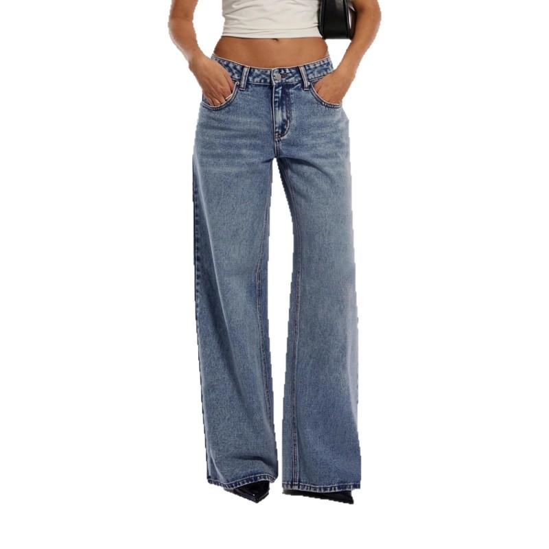 Womens Vintage Low Waist Loose Straight Leg Jeans Washed Blue Casual Denim Pants