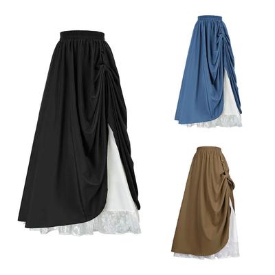 Women’s Lace-Stitched Side-Pleated Maxi Skirt Solid Color Double-Layer Long Skirt Elastic High-Waist Retro A-Line Skirt
