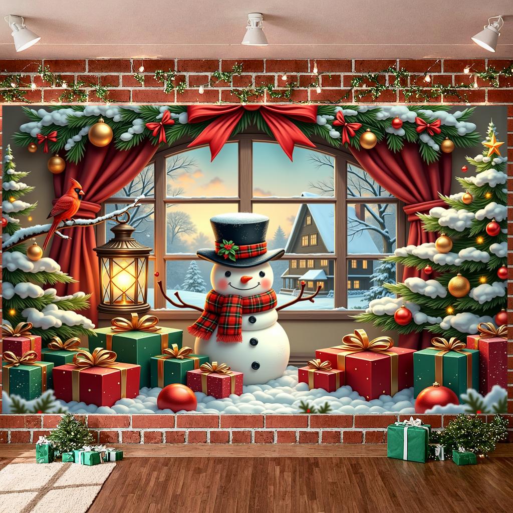 Festive Banner Gold Ornament Winter Backdrop Christmas Decor Banner Snowman Design Holiday Display For Holiday Gathering Xmas