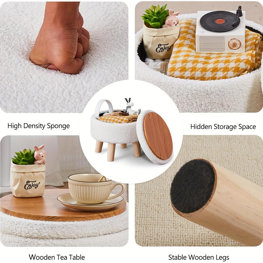 Velvet Round Ottoman with Wood Legs - Multifunctional Footrest, Stool & Table for Living Room. Space-Saving!