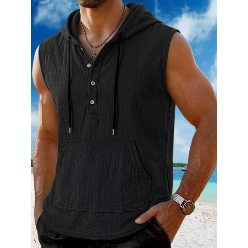 Men Hooded Drawstring Half Button Sleeveless Pocket Linen Vest