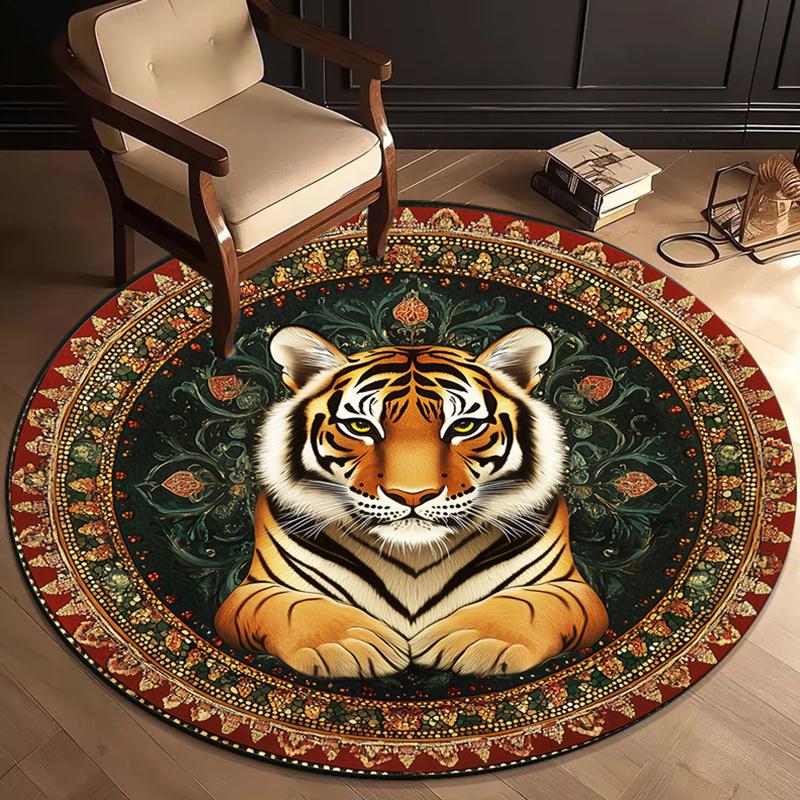 

Tiger Mandala Animal Print Round Crystal Velvet Rug Oriental Pattern Decorative Floor Mat for Living Room Bedroom Home Decor Art 60cm x 60cm