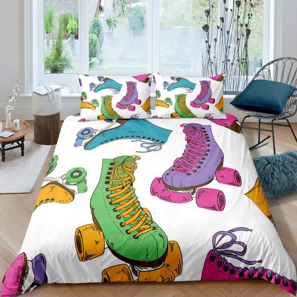 Roller Skates Duvet Cover Set For Kids Teens Boys Girls Lightweight Bedspread Cover Bedroom Decor Winter Sports Game Bedding Set