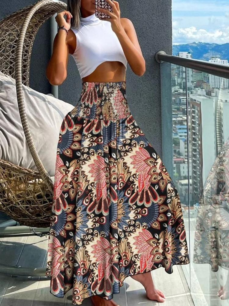 Fashion Cotton Women Floral Print Skirt Side Tie Beach Skirts Summer High Waist Wrap Flower Long Skirt
