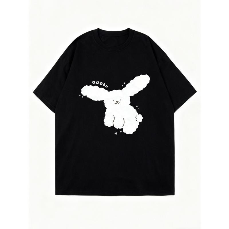 Oversized T Shirt Black Bunny Print With Gudbai Text Casual Wear For Women Summer Outfit Streetwear Fashion Top