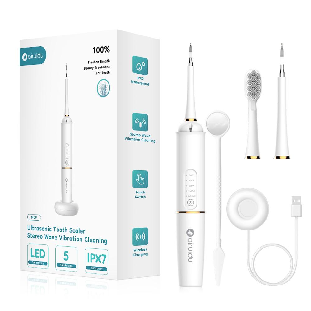 

Airuidu 2 в 1 Электрическая зубная щетка и стоматологический скейлер 5 режимов чистки Светодиодная подсветка Многофункциональный инструмент для чистки зубов Беспроводная зарядка белый