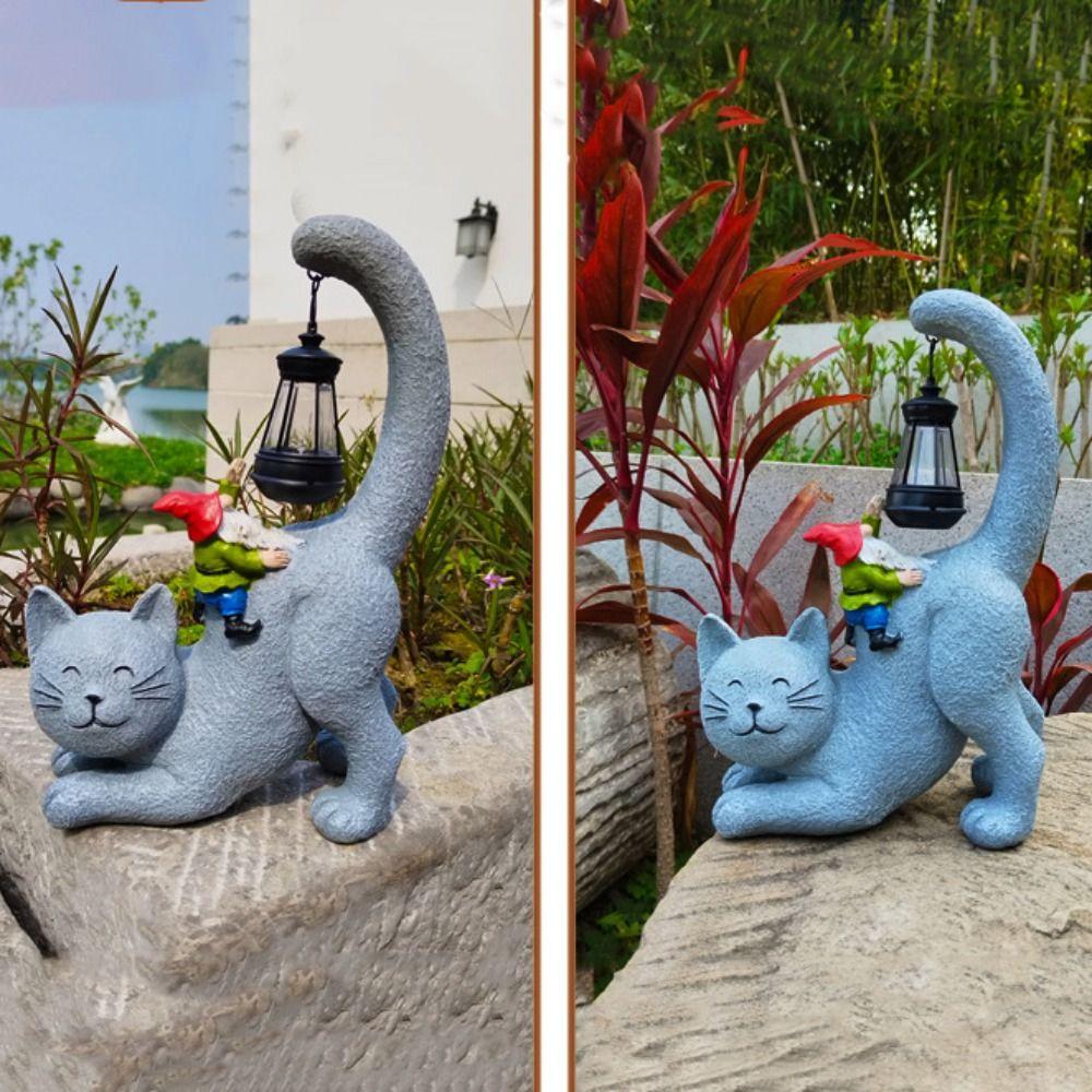 Resin Animal Statue Light Cute Garden Figurines Sculptures Lamp Cat Elf Solar Ornament  Outdoor