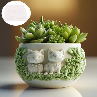 Cat Relief Circular Storage Box Gypsum Mold Cute Squat Cat Succulent Plant Flowerpot Resin Mold Pet Cat Candle Cup Cement Molds