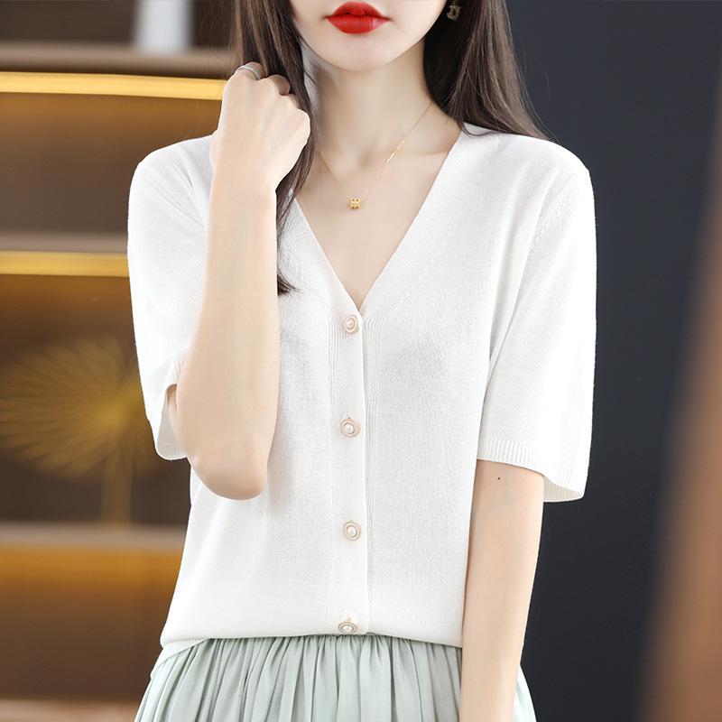 2025 Summer V-neck Knitted Short Sleeve Women's Cardigan Mid-Sleeve Ice Silk Top