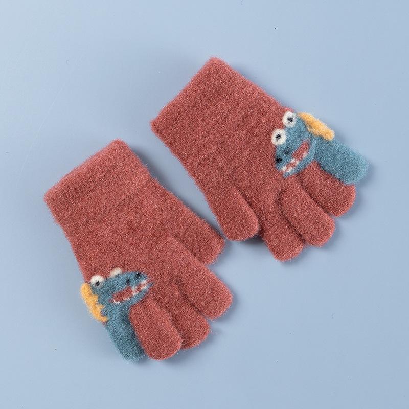 

1 пара, зимние теплые детские перчатки с милым мультяшным динозавром, вязаные перчатки с пятью пальцами для мальчиков и девочек для детского сада, От 3 до 6 лет