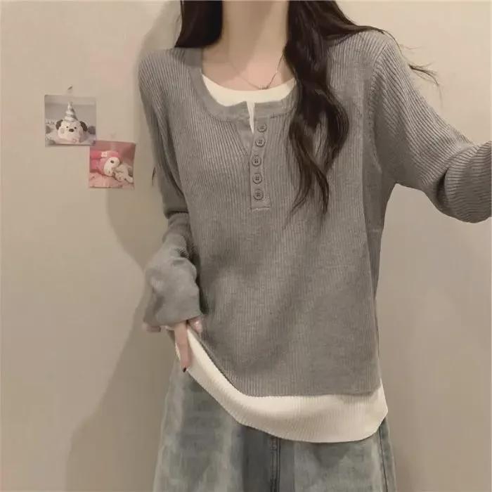 

Большие размеры Женская осенняя свободная приталенная рубашка «два в одном» с длинным рукавом 4XL серый