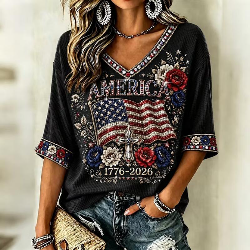 Fashion Women's V-Neck Short Sleeve 3D Casual Color Printing Casual Short Sleeve V-Neck T-Shirt