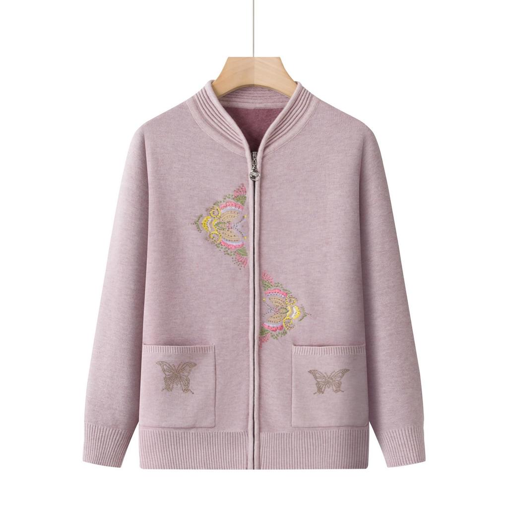 Elegant Embroidered Knit Zipper Cardigan for Middle-Aged & Elderly Women - Autumn/Winter Velvet Pullover