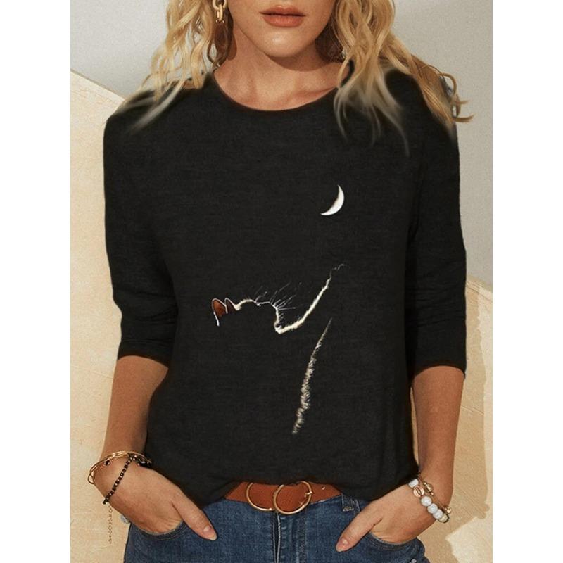 Women Autumn Winter Tops Loose Cat Print Causal Long Sleeve T-shirt Top Blouse