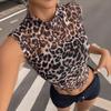 Women Sexy Leopard Print Slim Fit Sleeveless Half High Collar Mesh T Shirt Top