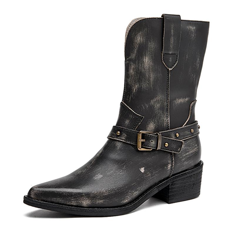 

Женские ковбойские сапоги до середины голени в стиле ретро, ковбойские квадратные каблуки, острые носки, платформа, женские толстые каблуки, западные, острые носки, металлические ботинки 40 чёрный