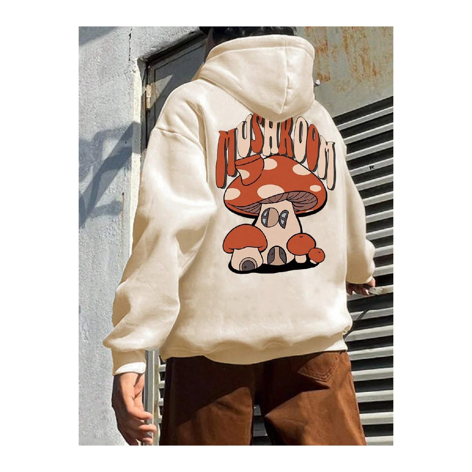 

Мужская толстовка оверсайз с капюшоном и принтом грибов S бежевый