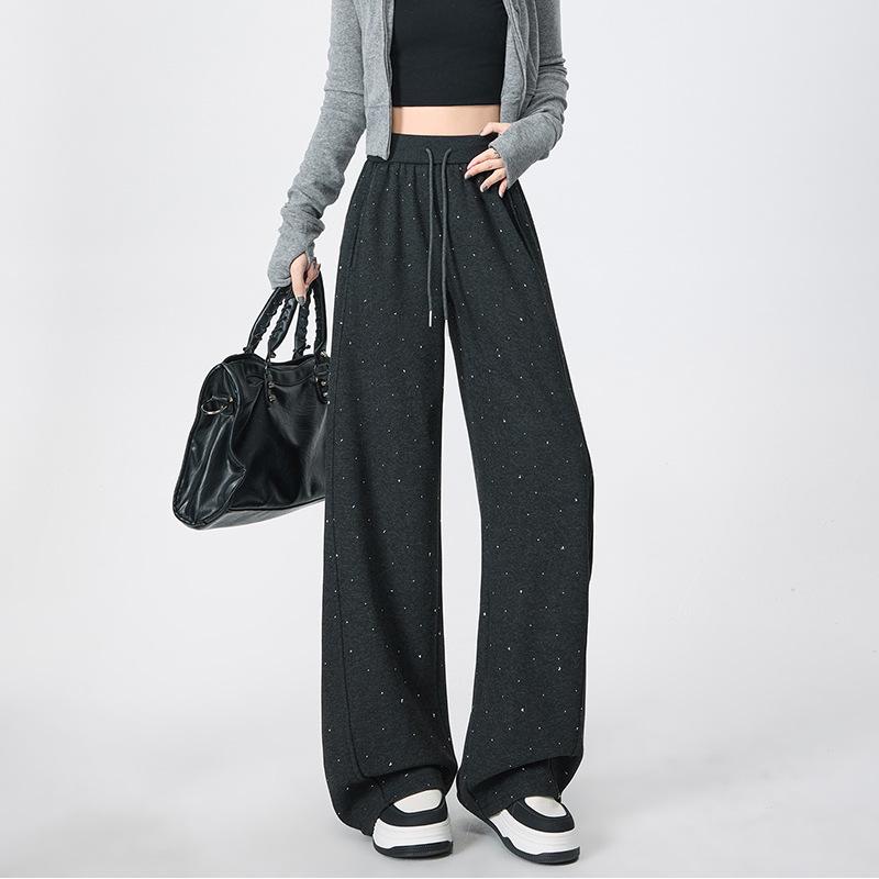 2026 Spring Women s Rhinestone Sport Sweatpants: Loose, Curved Leg, Drape, Straight Wide-Leg Pants XS чёрный