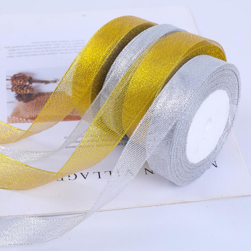 25Yards/Lot 6mm-40mm Gold Silver Glitter Ribbon For DIY Bow Crafts Gift Wrapping Wedding Christmas Decoration Sewing Accessories