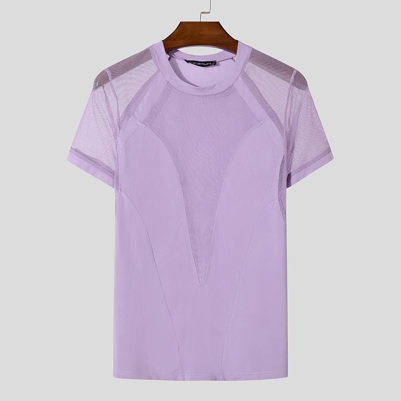 INCERUN Pánské letní tričko s krátkým rukávem síťované průhledné tričko Patchwork Party Clubwear Tops