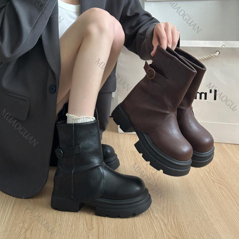 Fashion Retro Thick Bottom Pleated Wrinkled Women Ankle Boots Height Increase Versatile Casual Women Shoes Solid Thick High Heeled Botas