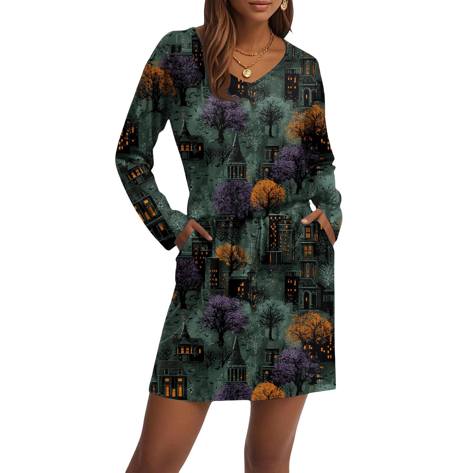 

Women s Fashionable V-neck Long Sleeved Drawstring With Pocket Halloween Printed Casual Dress S