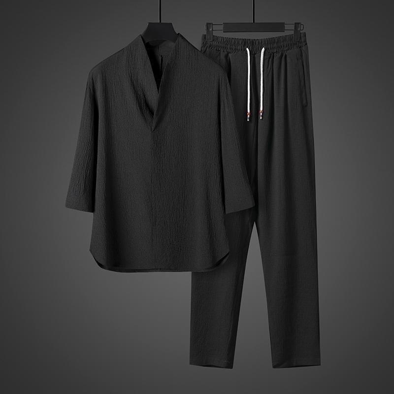 Summer Fashion Trend Solid Color Ice Silk Breathable Two-Piece Men's Leisure Loose Sports Plus-Size Suit