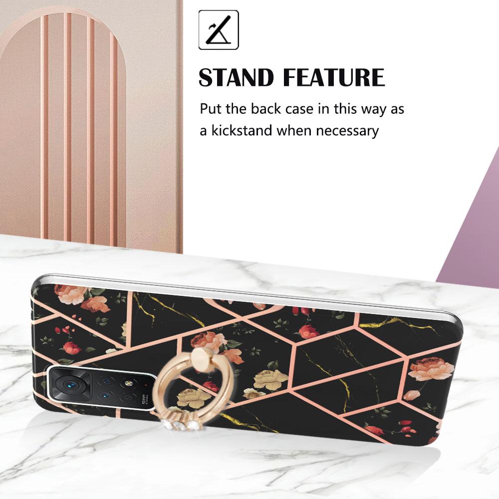 Ring Bracket Golden Border Grid Marble Flower IMD Ultrathin Phone Case for Xiaomi Redmi Note 11S,Note 12 Pro 4G,Xiaomi 11T,Redmi 10,Poco X3 NFC...