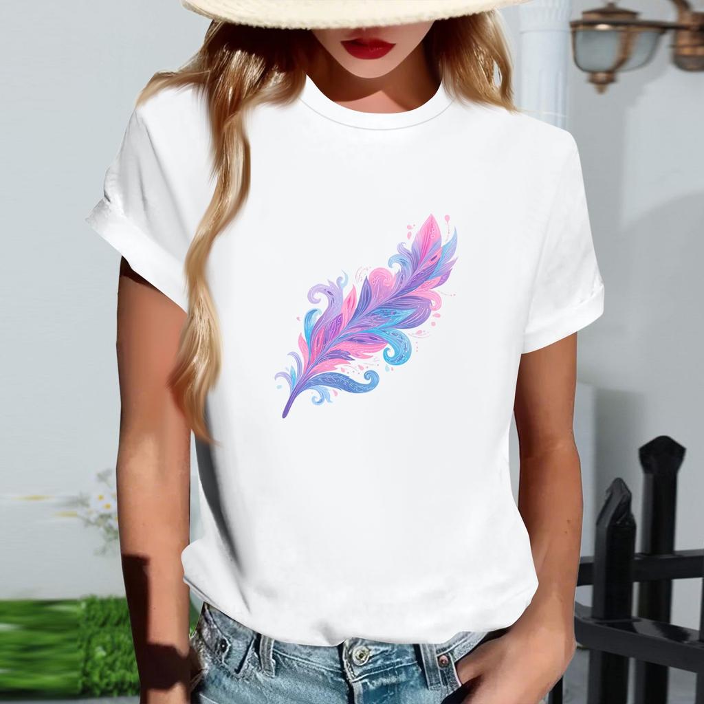 Women's Fashionable Round Neck Casual Retro Print Short Sleeved T-shirt Top