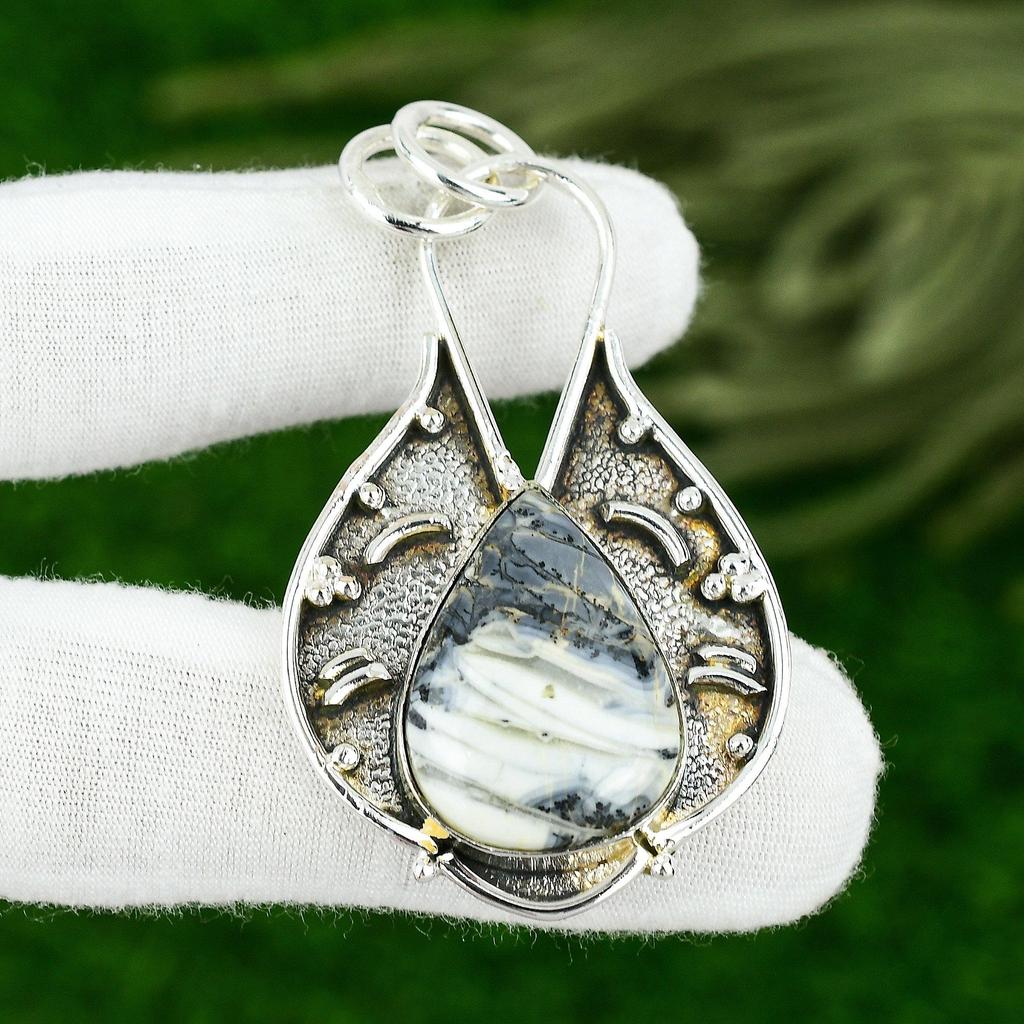 925 Silver Pear Maligano Jasper Stone Mother Bezel Anniversary Pendant Jewelry