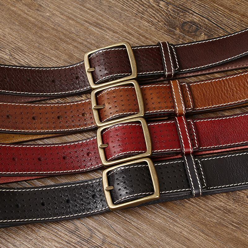Belt Men's Retro Casual Cool Trendy All-Matching Hollow First Layer Cowhide Pin Buckle Genuine Leather Jeans Belt Men's