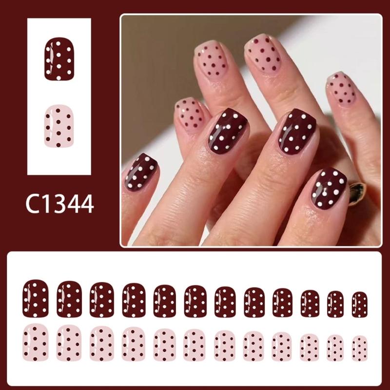 24PCS False Nail Contrast-color Pattern Coffee Glittering Tips Reusable Artificial Nail For Wedding Event Daily Wear