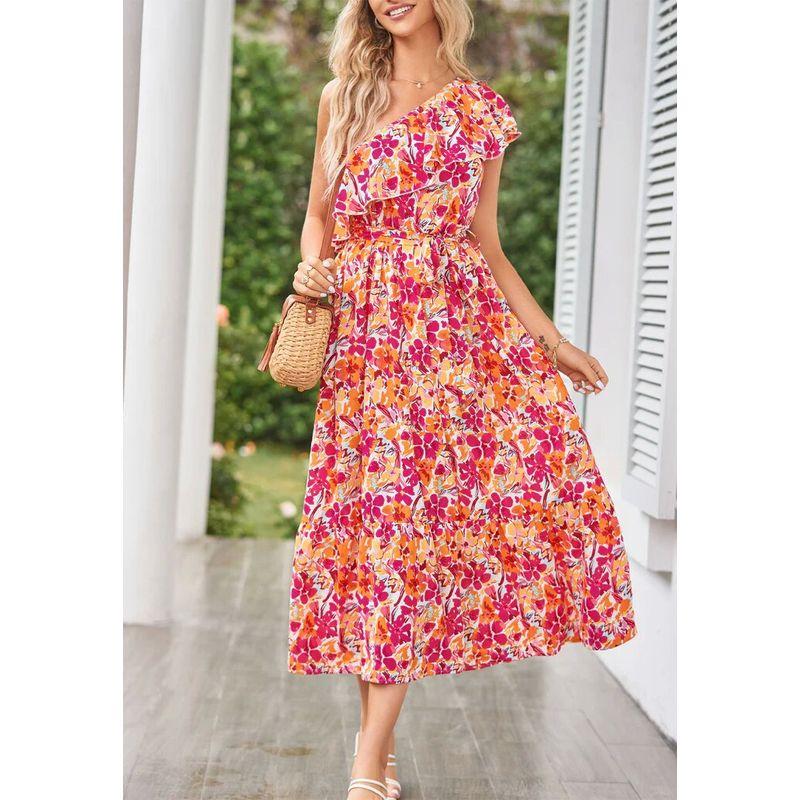

Fashion Style Summer New Arrival Women s Slant Shoulder Print Plus Size Lombard Street Dress High Waist round Neck Floral Dress Yellow XL