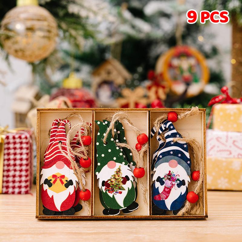 9/12PCS Wooden Christmas Decorations Set - Pure Wood Pendants Xmas Tree Ornaments