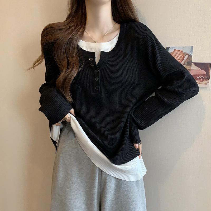 Women's Clothing Spring New Style Fake Two-piece Loose Flesh Covering To Make You Look Slimming Inside Long-sleeved T-shirt Top for Women