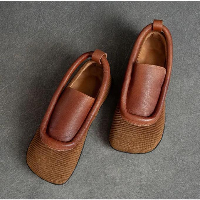 Johnature Retro Round Toe Flats Lightweight And Versatile Genuine Leather Splicing Women's Slip-on Shoes