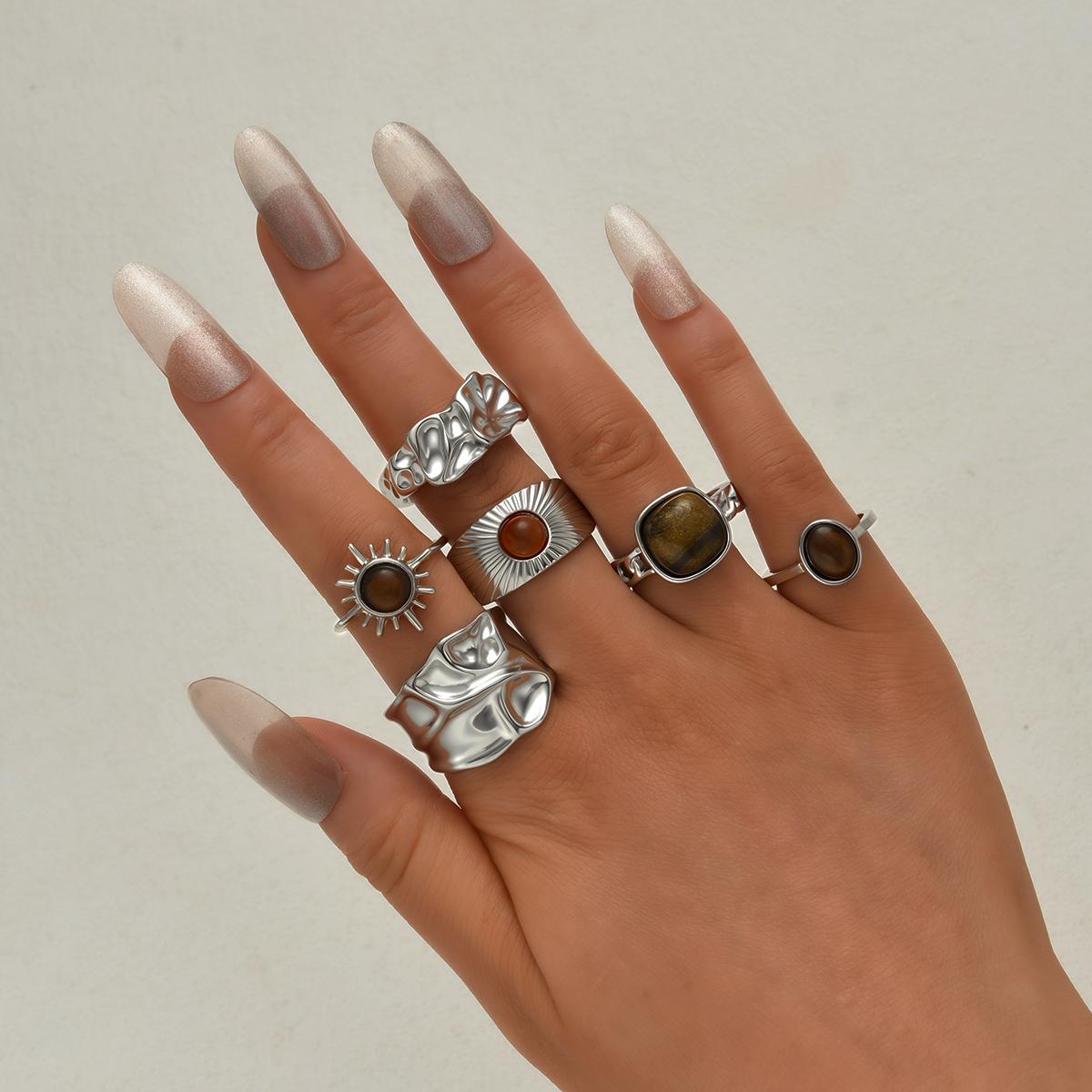 

6pcs Vintage French Minimalist Metal Rings Set Fashion Tiger Eye Stone Asymmetrical Knuckle Ring For Women Daily Wear Jewelry