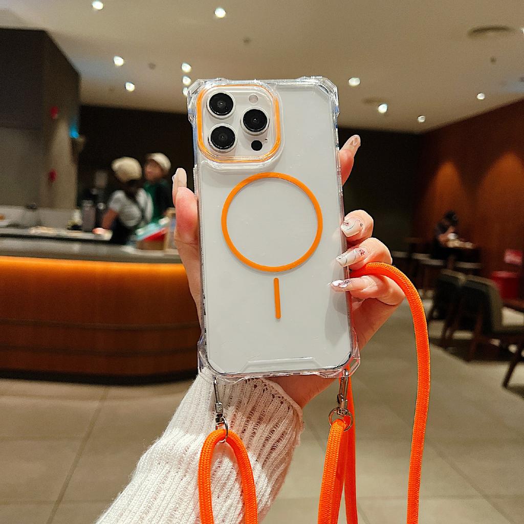 For iPhone 16 Pro Max Magnetic Case with Lanyard Drop-Proof TPU+PC Phone Back Cover