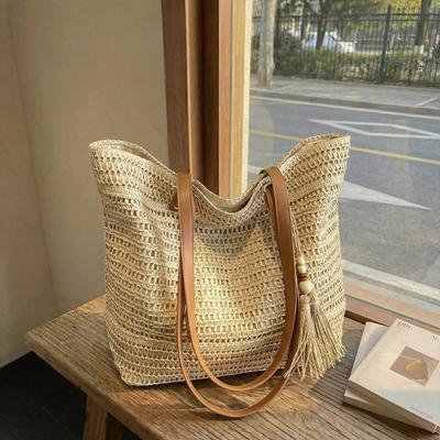 Geflochtene Strohtasche mit Ledergriffen Quasten-Detail Sommer Strandtasche Damenmode Großes Fassungsvermögen