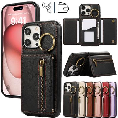 Funda de cuero con tapa para múltiples tarjetas y billetera con cremallera y anillo para iPhone 15, 14, 13, 12, 11 Pro Max, XS MAX, XR, Samsung S24, S23, S22, S21, S20 Ultra Plus, A14, A13, A53, A54