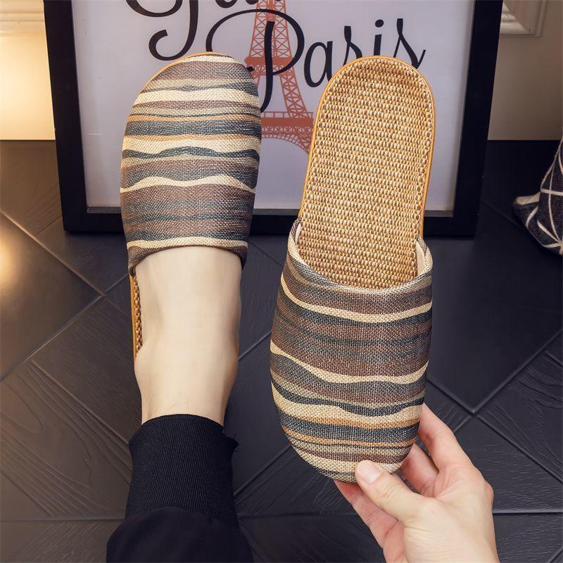 Four Seasons National Style Flax Cool Slippers Couples Breathable Home Use Flat Soft Sole Men's and Women's Confinement Baotou  Confinement Shoes