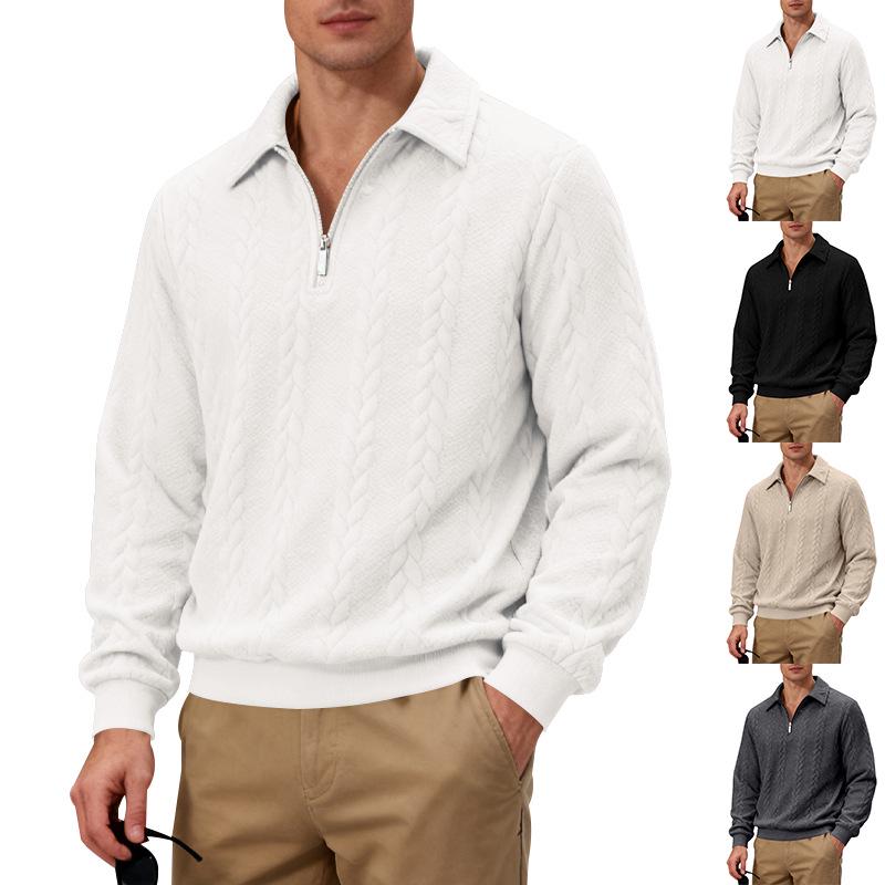 TikTok Men's Jacquard Polo Shirt: Casual Loose-Fit Hoodie with Lapel and Long Sleeves