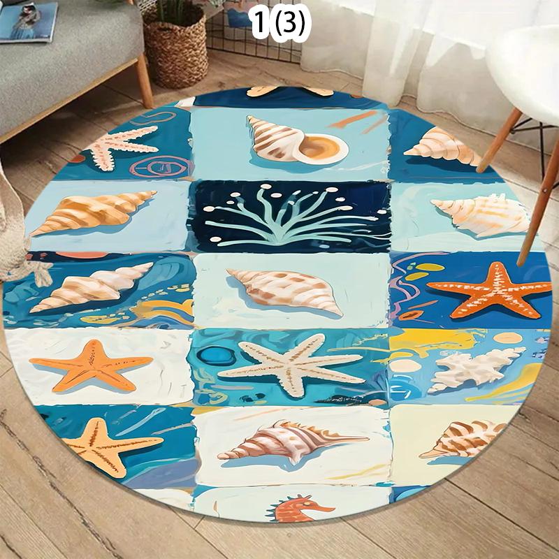 Nordic Coastal Round Rug Soft Carpet Area Rug Bedroom Non-Slip Floor Mat Teal Ocean Wave Design for Living Room Kidsroom